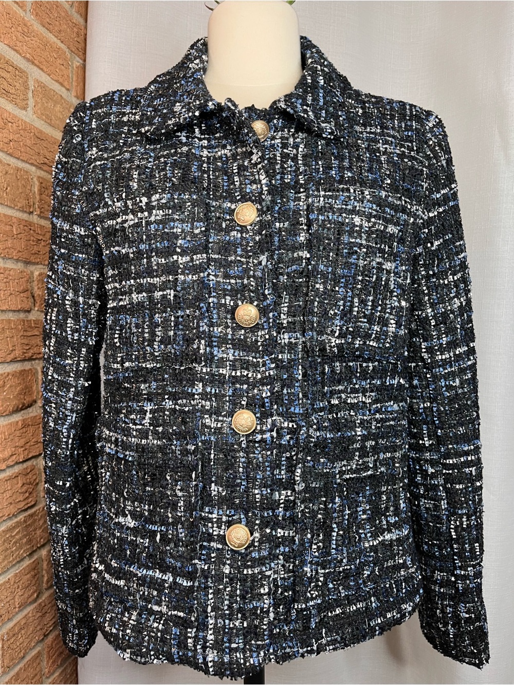 NWT Gracia Tweed Jacket Small Blue Black Bouclé  Lined Blazer